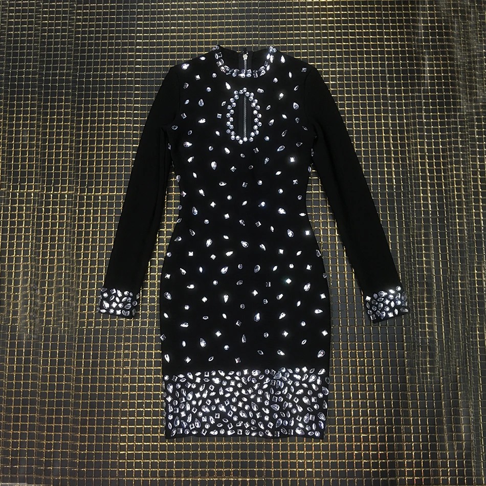 2019 высококачественное облегающее платье ручной работы со стразами черное с