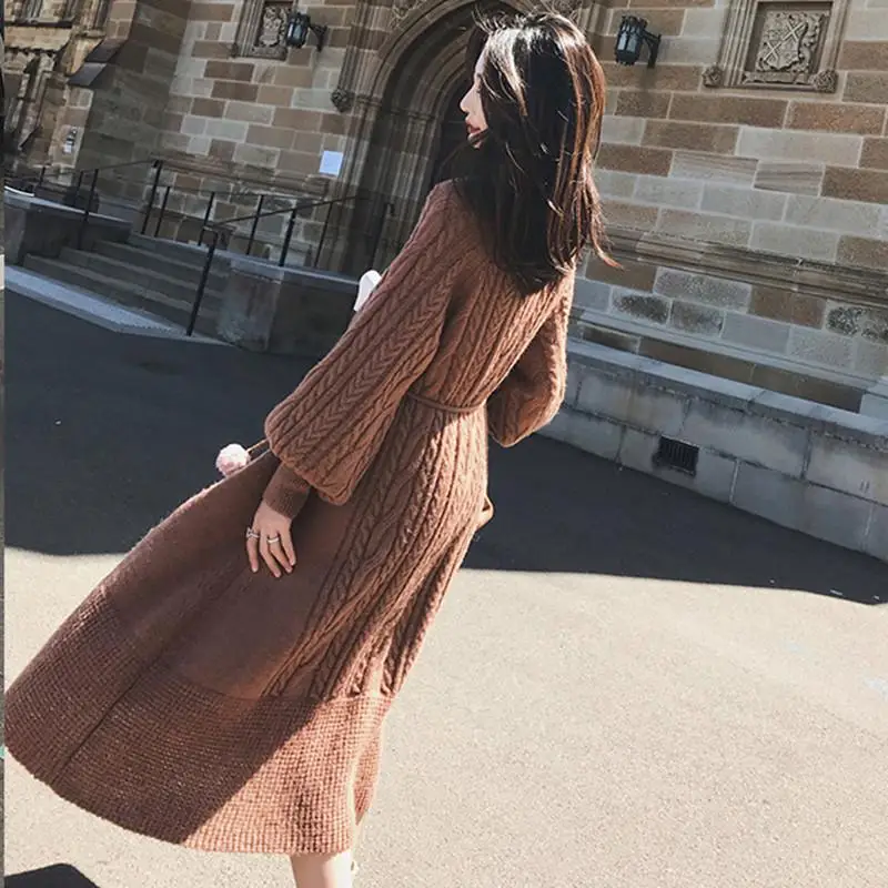 2020 Autumn Winter Lantern Sleeve Long Women Dresses Female Knitted Warm Dress Ladies A Line Knit Pullover Sweater Vestidos E13 | Женская