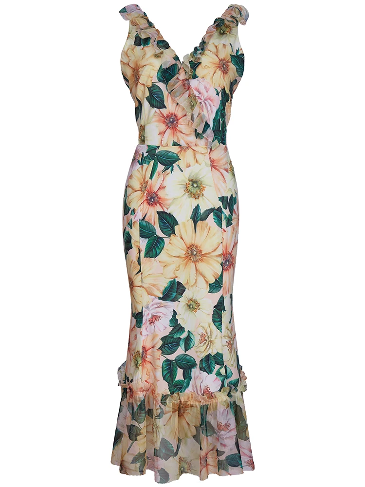 

Fashion Designer Summer Midi Plus Size 3XS-10XL Dress Women V-neck Ruffle Floral-Print Party Vintage Mermaid Dress