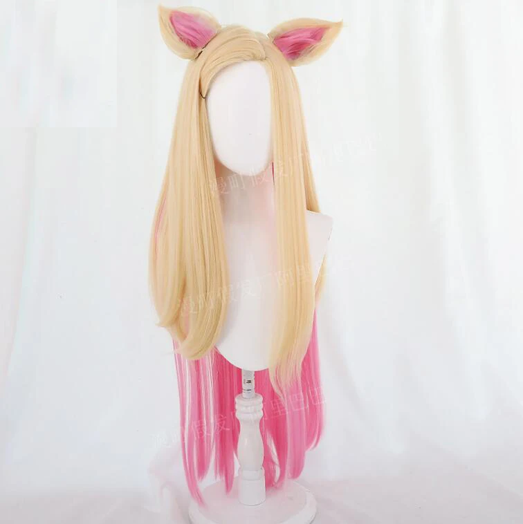 

Anime Women Long Wig KDA Baddest Ahri with Ears Cosplay Costume K/DA Blonde Pink Wigs Heat Resistant Synthetic Hair Party Wigs