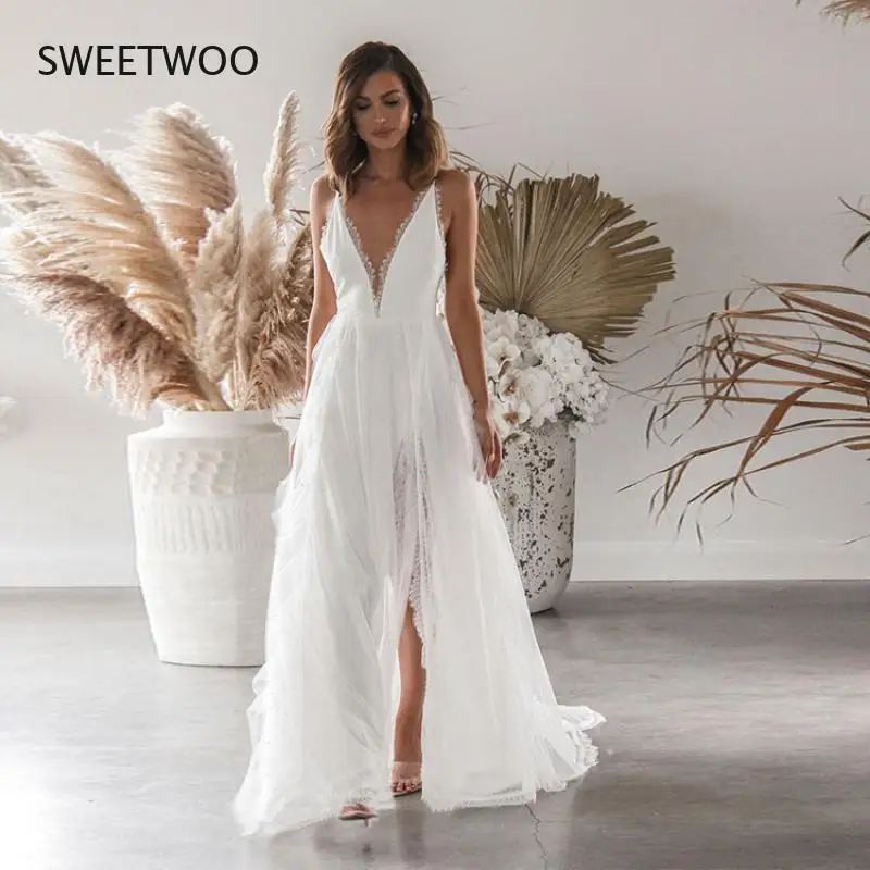 

2021 Summer New Dress Female Wedding Club Party Dress White Lace V-Neck Sexy Sling Split Dress