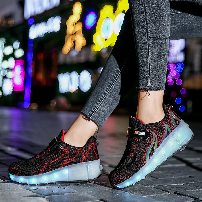 Kids Glowing Sneakers with wheels Led Light up Roller Skates Sport Luminous Lighted Shoes for Boys USB Charging LED shoes | Спорт и
