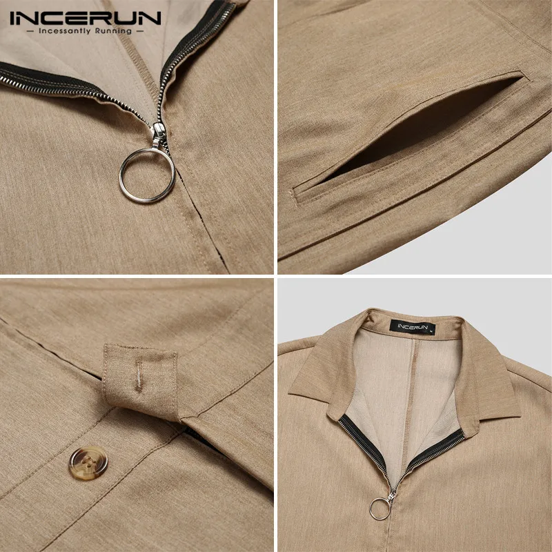 

INCERUN Fashion Men Rompers Sleeveless 2021 Solid Zipper Lapel Pockets Overalls Shorts Chic Personality Men Jumpsuit Streetwear