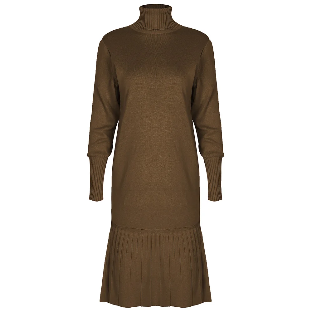 

Autumn Winter Solid Casual Sweater Dress Ladies Turtleneck Pleated Knitted Tunic Loose Color Women's Long Women's Sweater