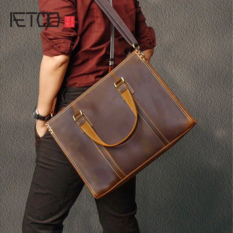 

AETOO Retro Crazy Horse Leather Briefcase, Genuine Leather Computer Bag, Cowhide Handbag