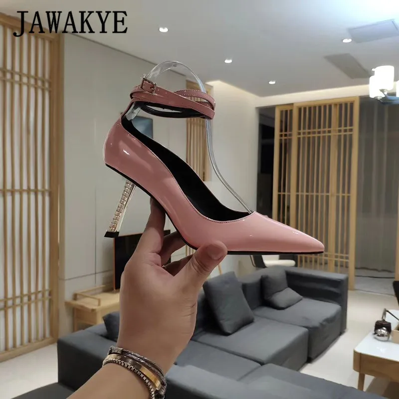 pink JAWAKYE/необычные туфли на высоком каблуке; женские туфли-лодочки с острым носком; вечерние туфли из лакированной кожи на тонком высоком каблуке с ремешком на щиколотке - Цвет: pink