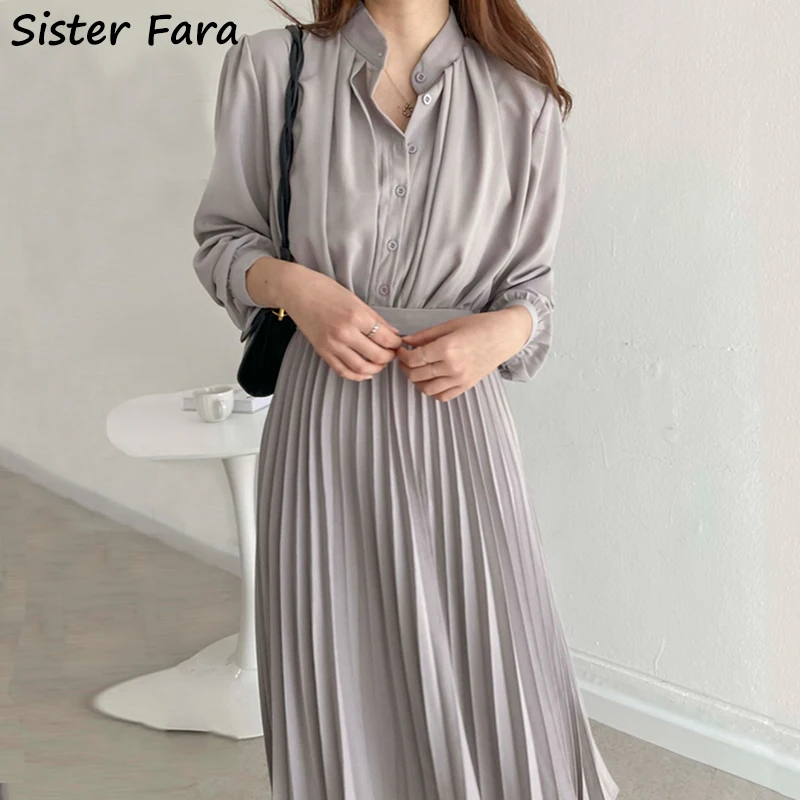 

Sister Fara Spring Autumn Lapel Neck Lace Up Long Dress Women's High Waist Casual Pleated Dresses Female Pullover Mid-Calf Dress
