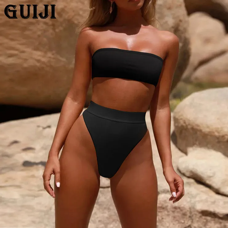 

1 [guiji】в наличии 2021 пикантный топ-бикини без бретелек с высокой талией Однотонный женский купальник из двух частей Бесплатная доставка