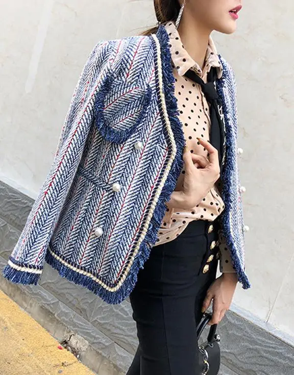 Полосатый Зимний синий белый Блейзер Женский длинный рукав v-образный вырез