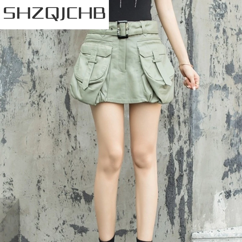 JCHB 2021 Designer Genuine Leather Skirt Shorts Women Streetwear Sheepskin Work Skirt Shorts High Quality Personality Pocket A-L