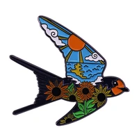 swallow enamel pin beautiful sunrise over the sea landscape brooch sunflower bird badge travel adventure gift