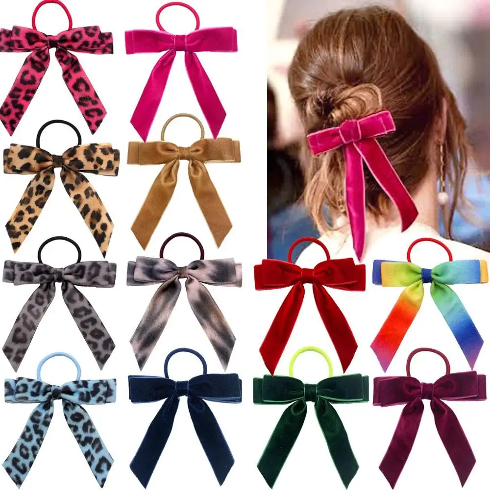 12 Pieces Leopard Pattern and Pure Colors Velvet Long Ribbon Hair Ties Ropes Rubber Ties Ponytail Holders for Women,Girls
