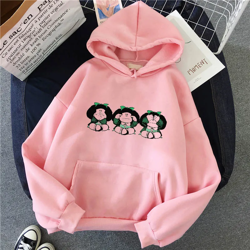 Пас Mafalda или QUIERO кафе принт Женские С капюшоном Для девочек WinterCasual Harajuku розовый
