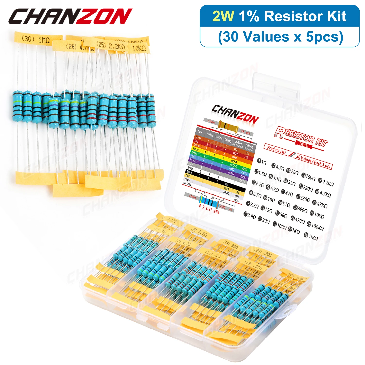 Набор высокоточных металлопленочных резисторов 150 шт./упак. 30 значений 2 W 1% 4 7 10 100