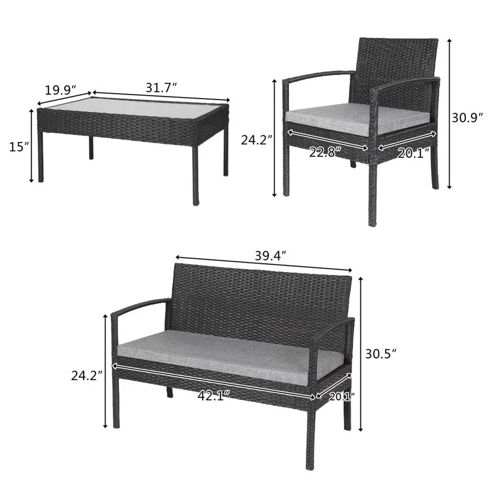 

4pcs Wicker Furniture Patio Rattan Set Coffee Table Cushions Outdoor Black Synthetic Resin Furniture Garden Yard Decor