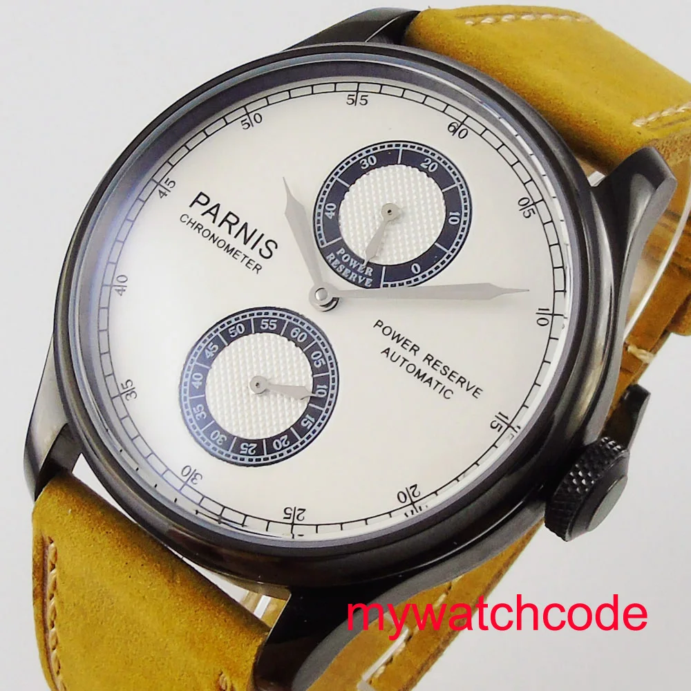 43 мм Parnis белый циферблат желтый кожаный ремешок индикатор запаса мощности ST2842