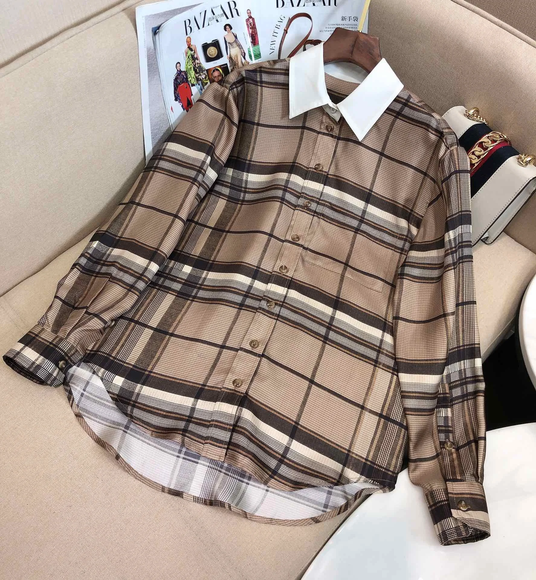 

fashion 2021 new ladies long-sleeved sexy retro British style silk shirt 0115