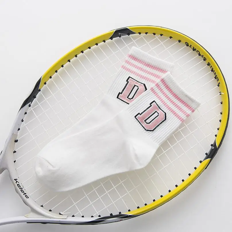 Women Solid Letter Embroidery Cotton Sock Girls Striped Cuff Embroidered Spring Summer Ankle Socks Short White Sport Sock 10pair