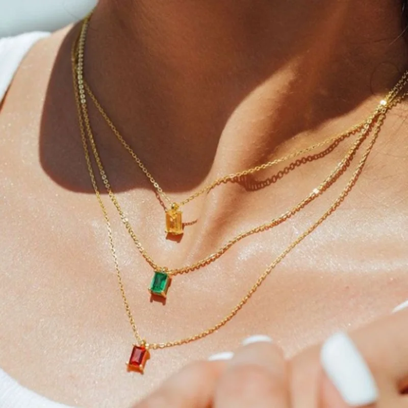 

Multicolor Rainbow Square Pendant Necklace for Women Gifts Stainless Steel Gold Chain Charm Necklace Choker Jewelry Mujer Collar