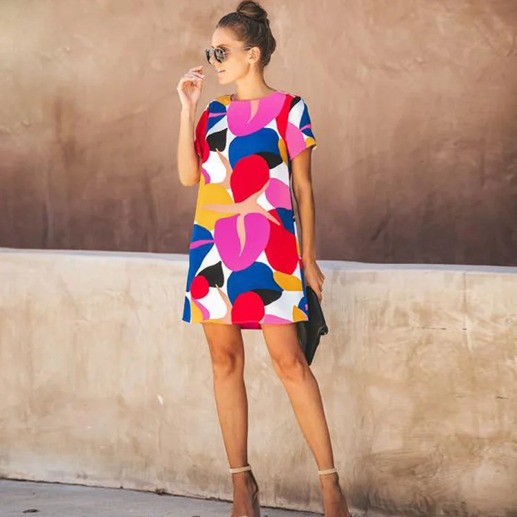 Женское летнее повседневное яркое Радужное мини платье трапециевидной формы с