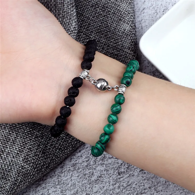 Модный двойной магнитный браслет Винтажные бусины из натурального лавового