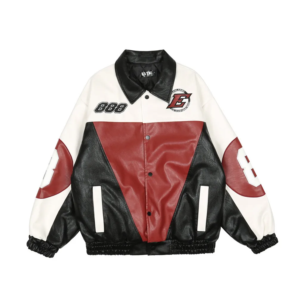 

New Embroidered Letters Contrast Color PU Leather Jacket With Cotton Jacket Motorcycle Jacket Loose Thickened Baseball Jacket