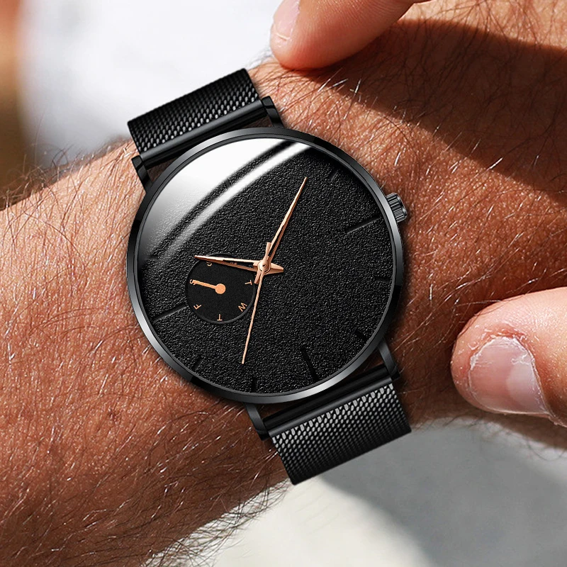 

Fashion Mens Minimalist Watches Ultra Thin Men Business Black Stainless Steel Mesh Belt Quartz Wrist Watch relogio masculino