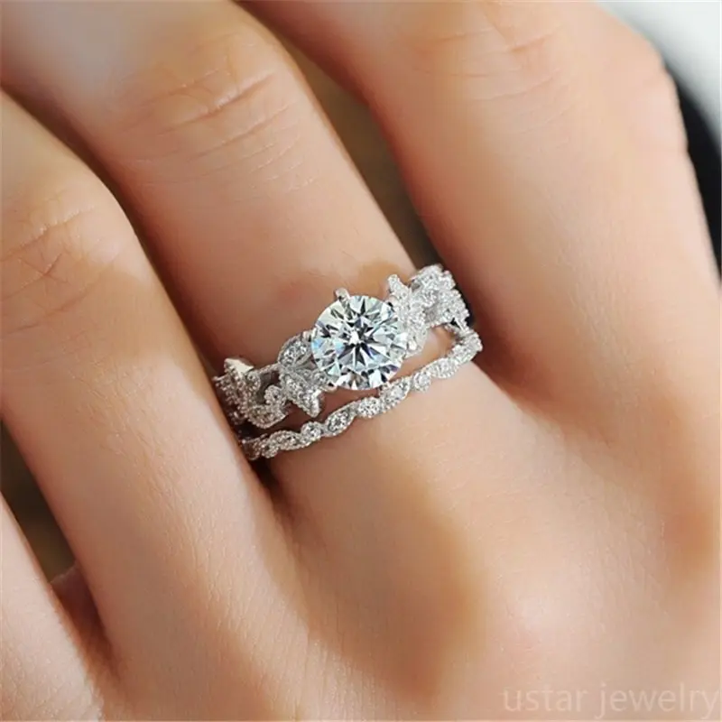

New Fashion Unique Leaf Design 925 Sterling Silver Rings White Sapphire Diamond Wedding Engagement Ring Set