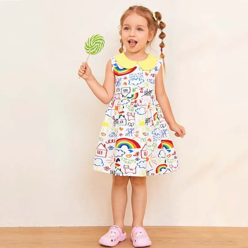

Summer Girls Sleeveless Dresses Peter Pan Collar Kids One-Piece Skirt Cute Weather Cartoon Clothing 2-6T