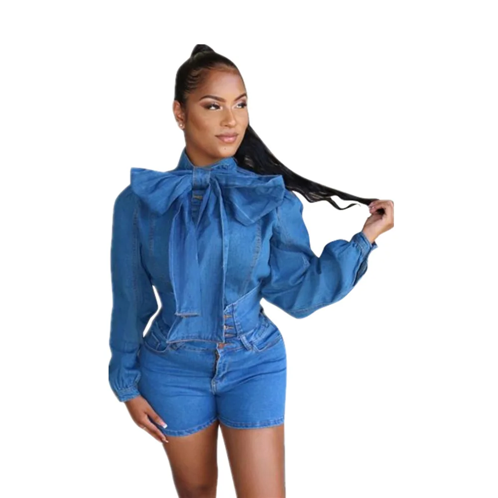 Echoine/джинсовая рубашка с длинным рукавом и большим галстуком бабочкой на шее топы