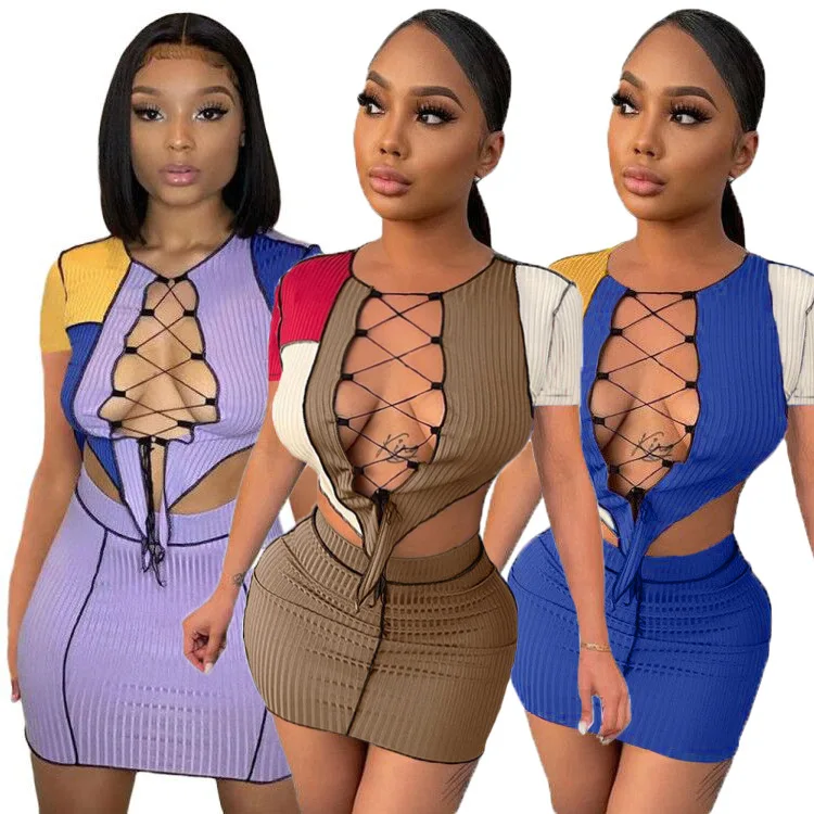 

2021 New Arrival Women Sexy Bandage Cut Out Top And Mini Skirts Outfits Two Piece Set Dress Set