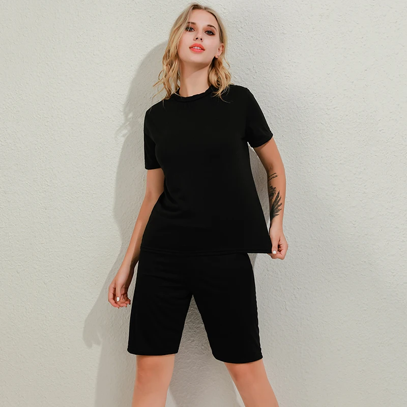 

Sexy Two-piece Candy Color Women's Clothing Short-sleeved Crew Neck T-shirt Tight-fitting Shorts Simple Style Tracksuit Outfits