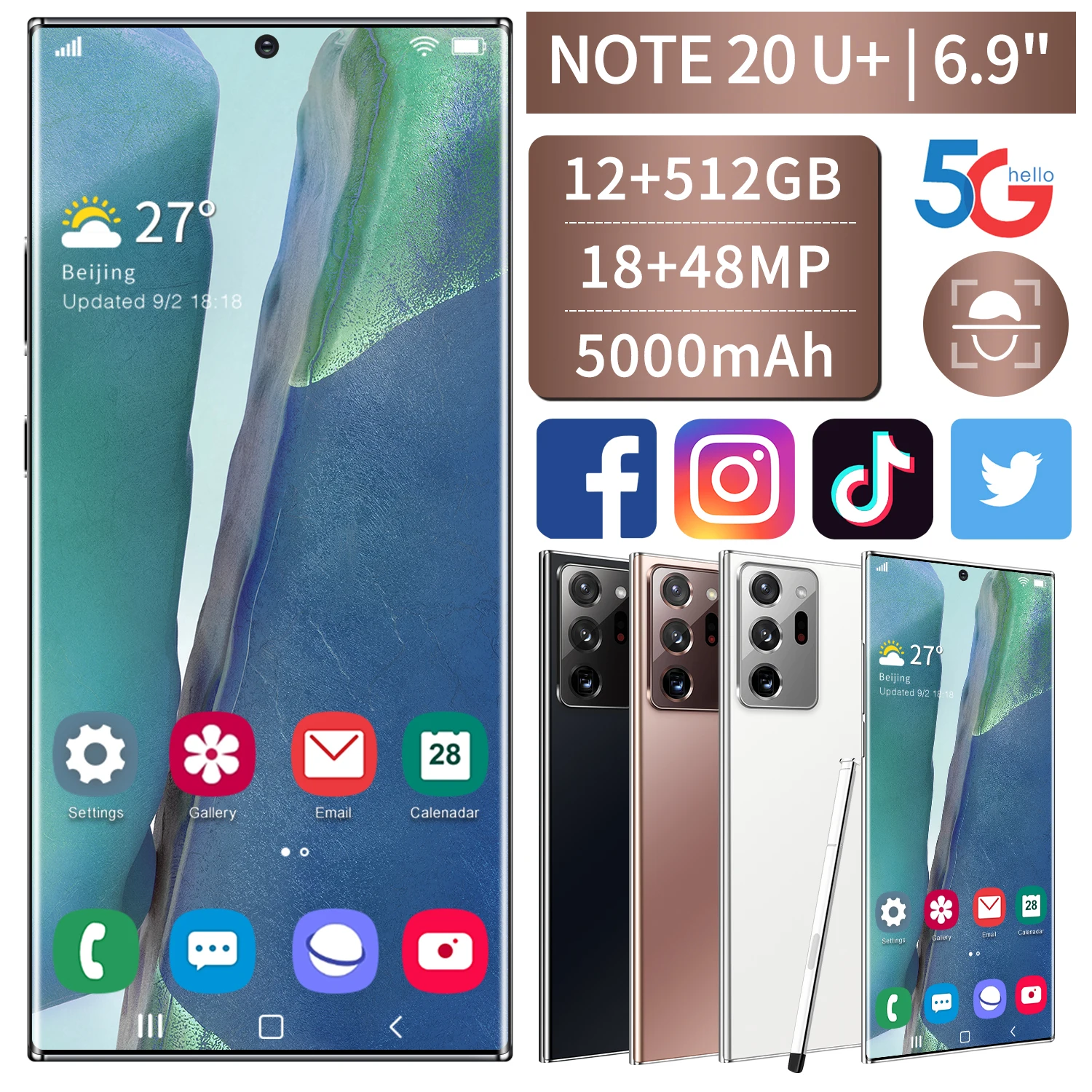 

Note20U+ Smartphone Global Version Galay 6.9-inch Telephone 12GB+512GB 5000mAh Smart Phone Android 10.0 4G/ 5G MobilePhone