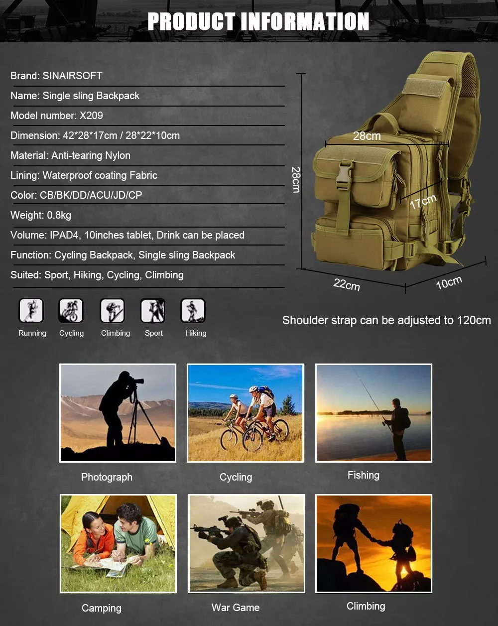 SINAIRSOFT Открытый спорт Альпинизм 800D нейлоновая тактическая сумка одно плечо Слинг Грудь Кемпинг военный рюкзак армейские сумки LY0040