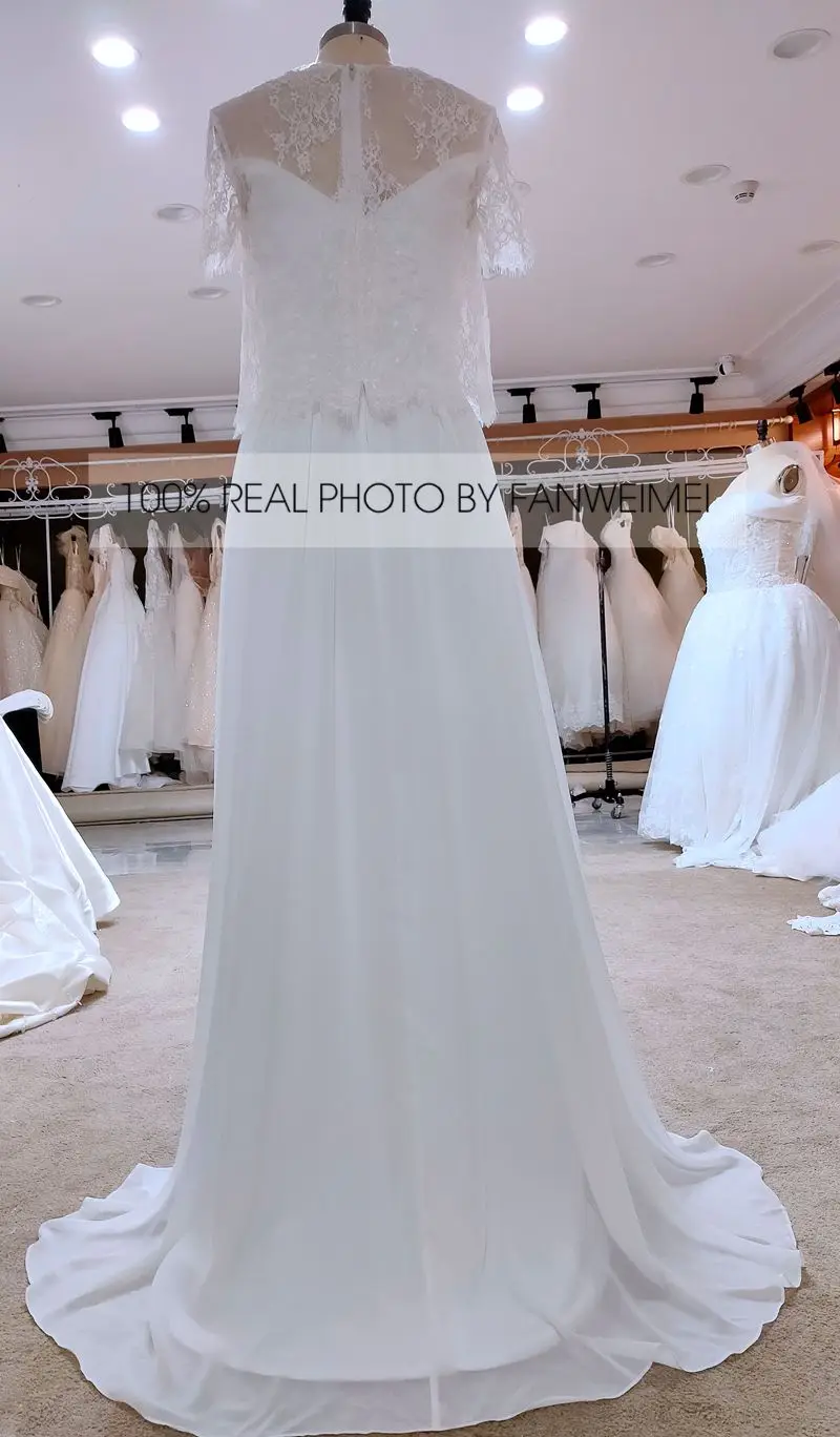 Two Piece Lace Short Sleeve New Spring Bridal Dress Bohemian Beach A Line Chiffon Wedding Gown Princess #6429