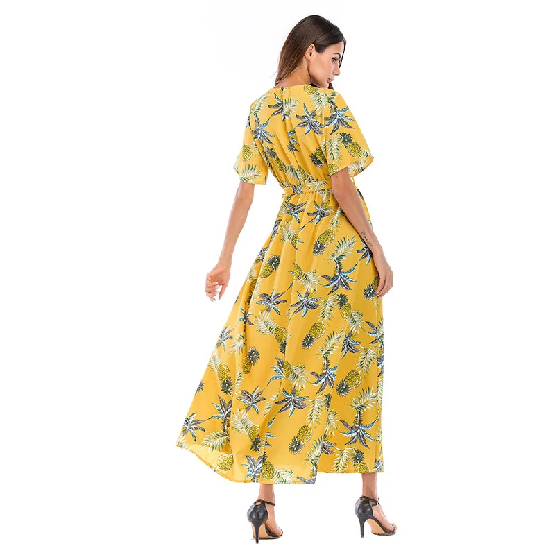 

Summer 2020 Chiffon Women Robe Irregular Sexy Dress Short Sleeve V-neck Floral Printed Bandage Dress Summer Beach Dress Femme