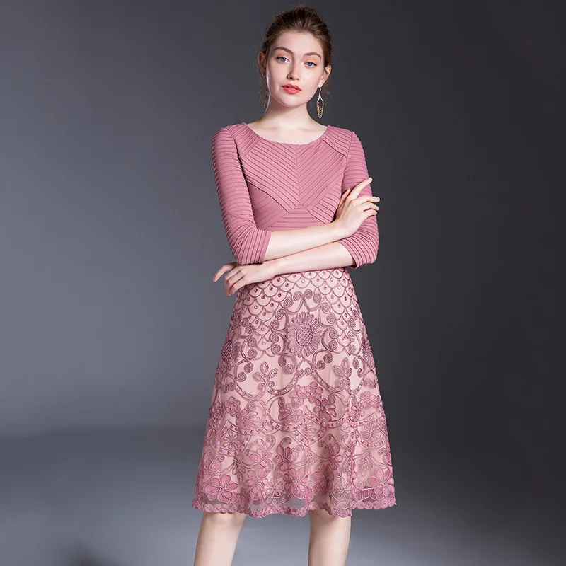 

High-end Large Size Elegant A Line Dress 2020 Ladies O Neck Three-quarter Sleeve Autumn Chic Evening Party Women Dresses Vestido