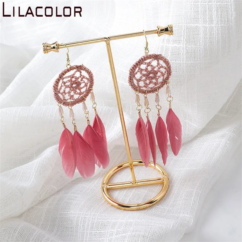 Lilacolor Ловец снов перья Женские Висячие серьги Boho Kahki розовый зеленый для девушек