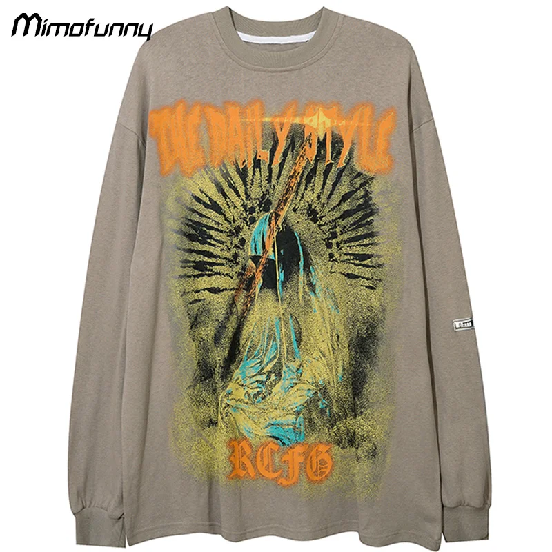 

Sweatshirts Men Gradient Graffiti Punk Letter O-Neck Pullover Hip Hop Style Oversized Cozy Tops High Street Harajuku Streetwear