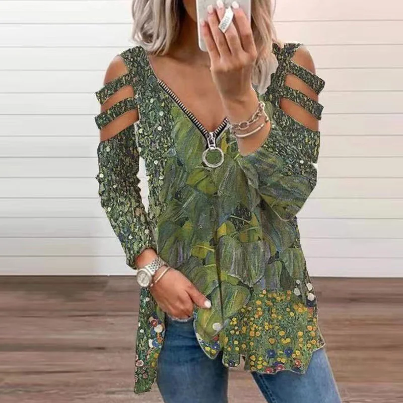 

Summer Plus Size Women Art Printed Zipper V-neck Pullover Long Sleeve Loose Casual T-shirt