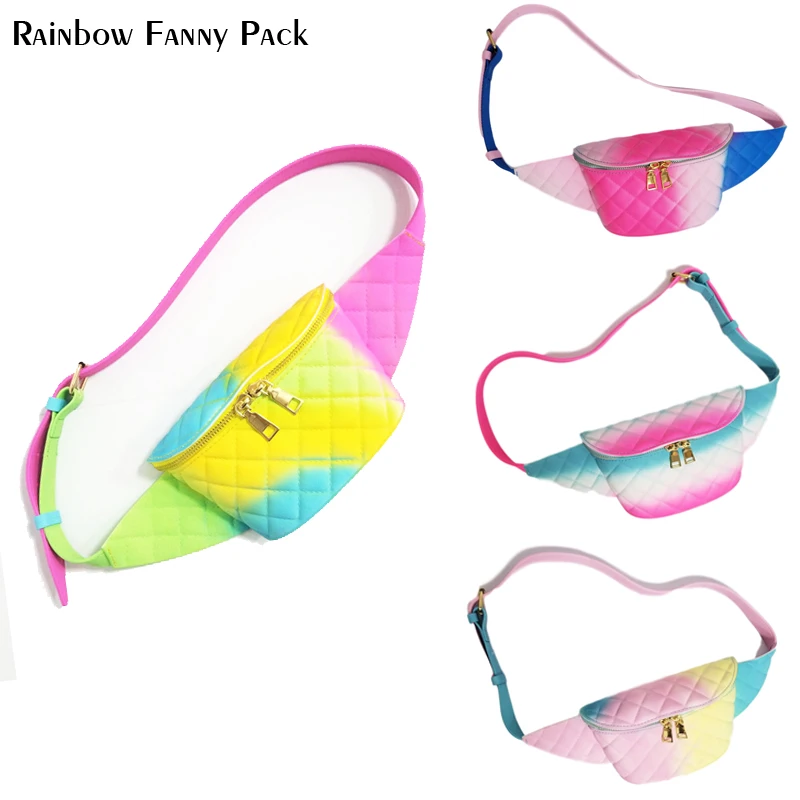 

Fashion Woman Wasit bag Rainbow PU Leather Fanny Pack Bundle Fleece Flip Flop Geometric Lady Chest Bag