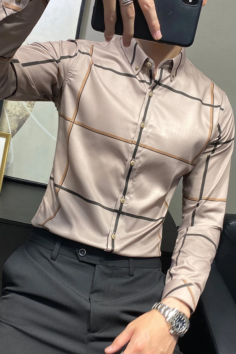 

Casual Plaid Shirt Men Long Sleeve White Khaki Formal Dress Shirts For Men Long Sleeve British Style Streetwear Camisas V627