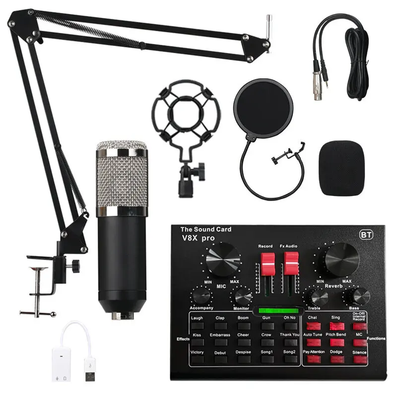 

Condenser Microphone with Live Studio Sound Card Recording Mount Boom Stand Mic Kit for Live Broadcast K Song