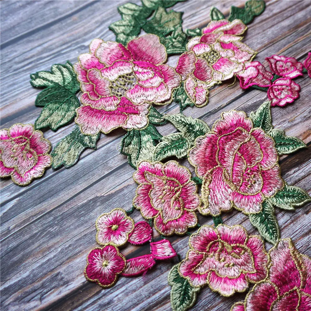 Вышитая розовая Пионовая Цветочная зеленая искусственная вышивка для воротника