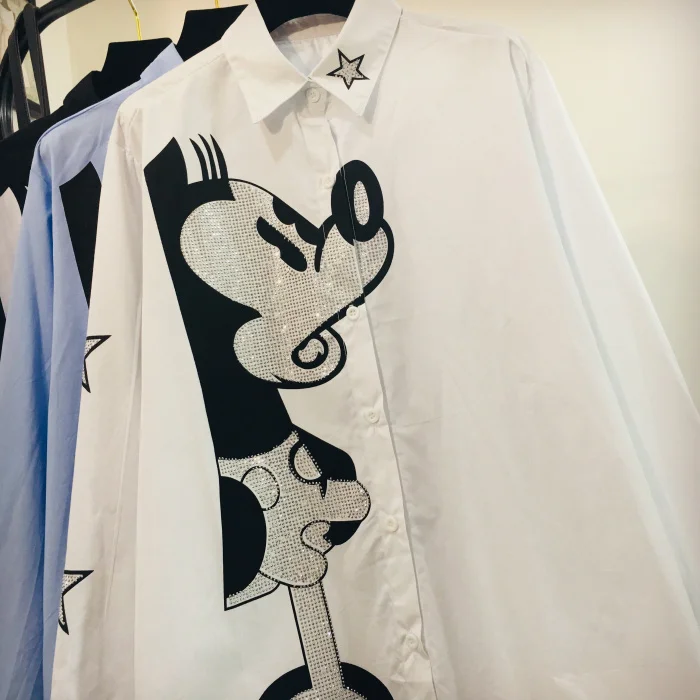 Весенне осенние блузки с вышивкой в виде мышки из мультфильма расшитые блестками