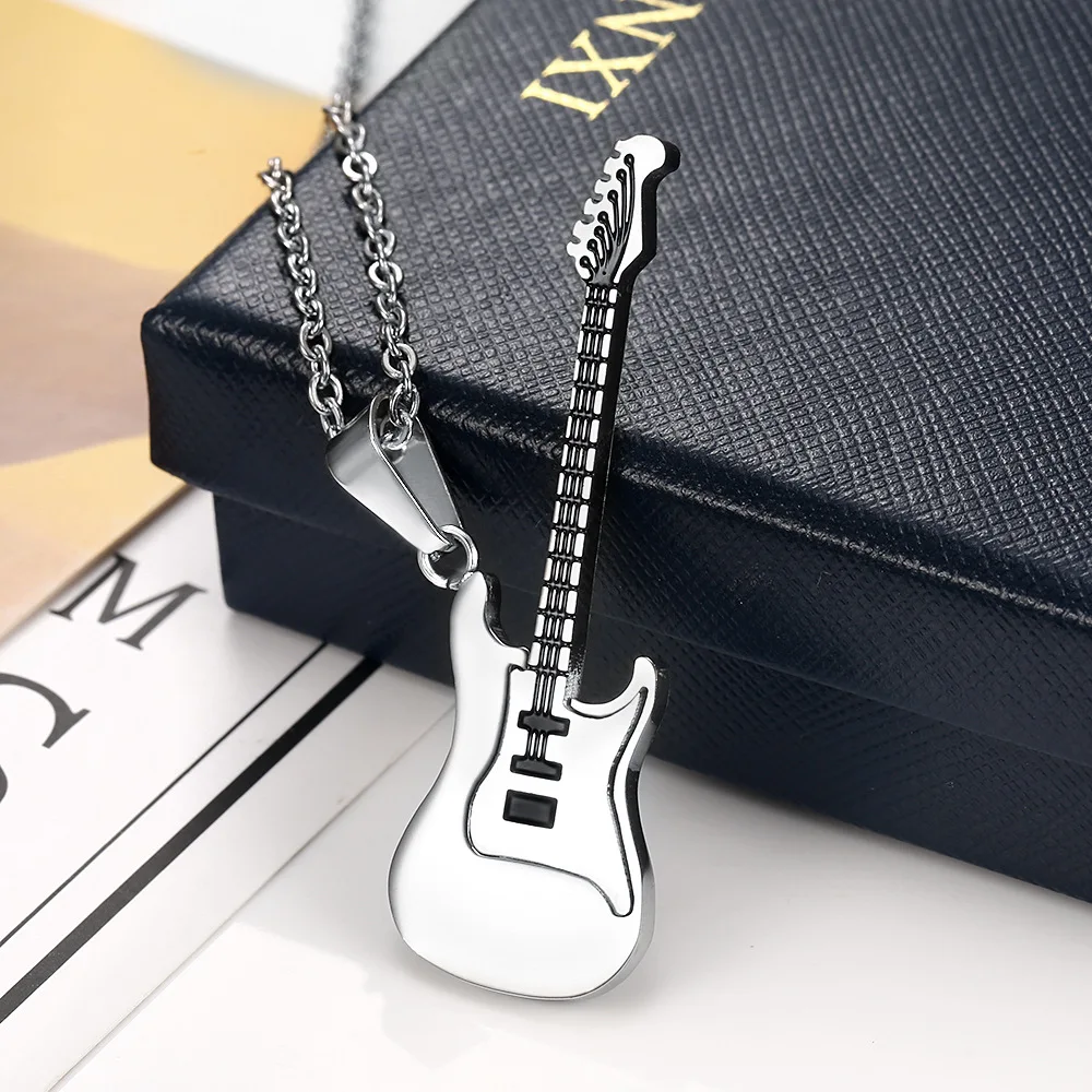 1pcs Trendy Leather Chain Guitar Necklace For Men Punk Rock Music Jewelry Gift Stainless Steel Pendant Wholesale | Украшения и