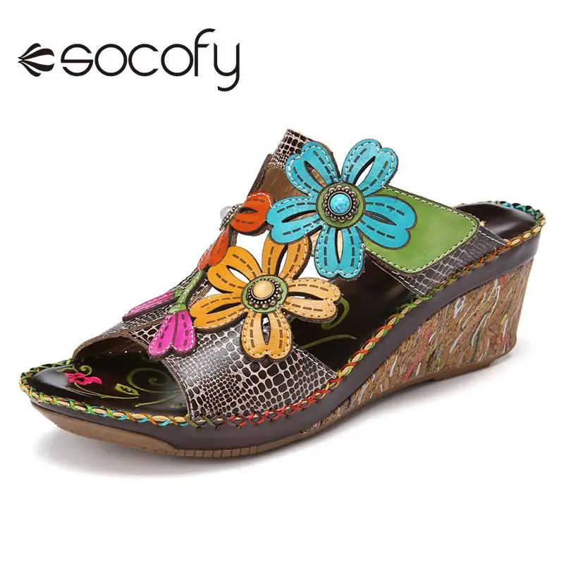 

SOCOFY Women Retro Style Casual Wedge Sandals Floral Decor Beading Hollow Out Open Toe Colorful Wedge Sandals Shoes 2020