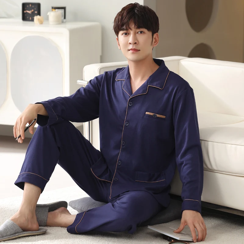 

2021 Winter Cotton Pajama Men Blue Plaid Sleepwear Male Warm Pyjama Homme Home Clothes PJ Set 100% Cotton Pijama Hombre Invierno