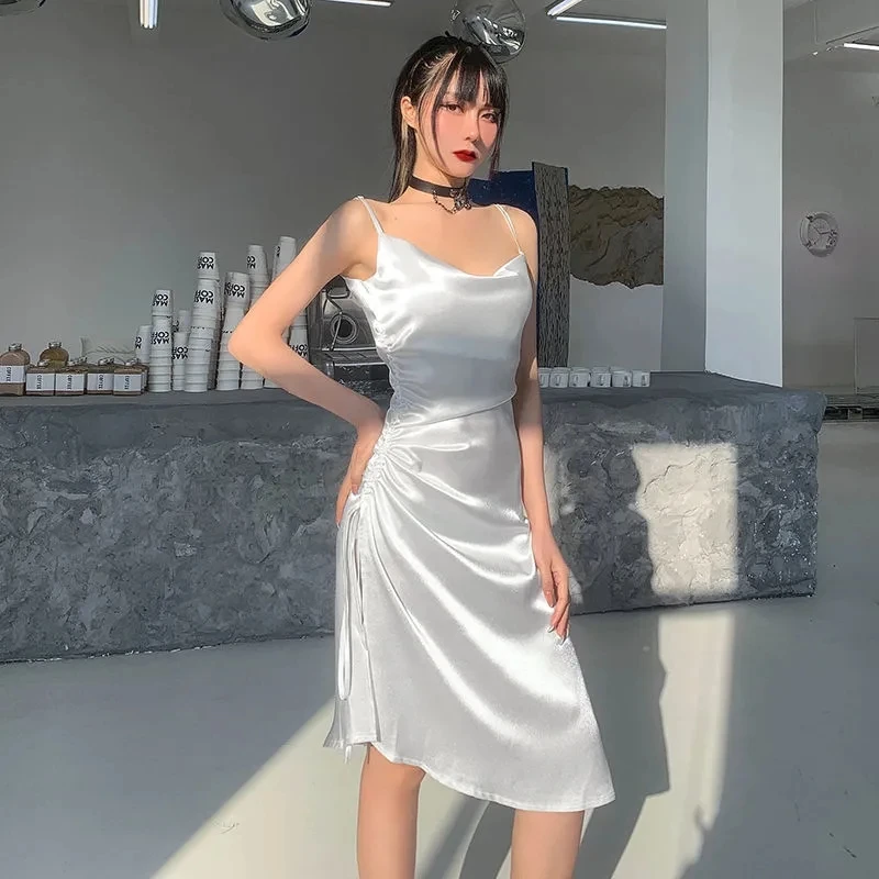 

2021 High and low collar design side slit lace dress Slim beauty back drawstring waist sexy suspender ski