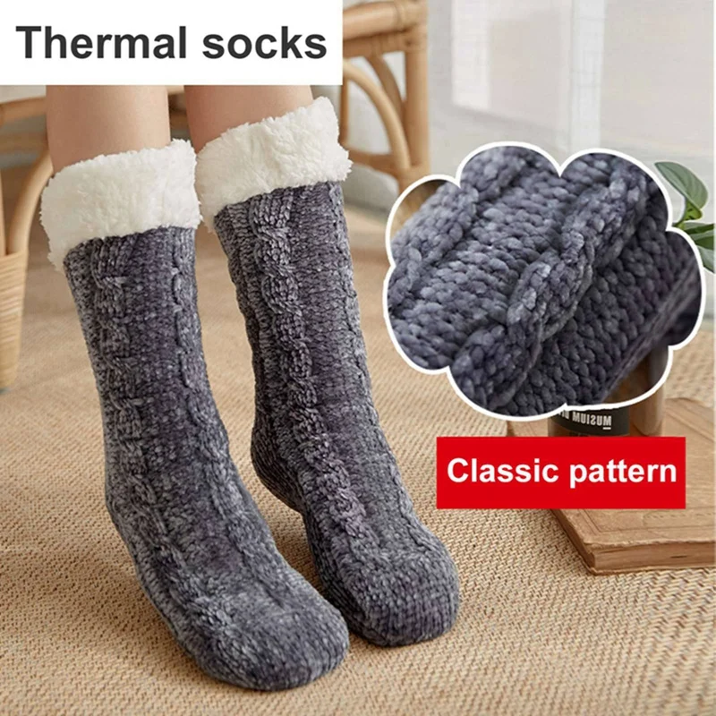 

Women's Winter Soft Warm Cozy Fuzzy Fleece-lined Xmas Gift With Grippers Slipper Brushed Alpaca Wool Slipper Bed Socks with Grip